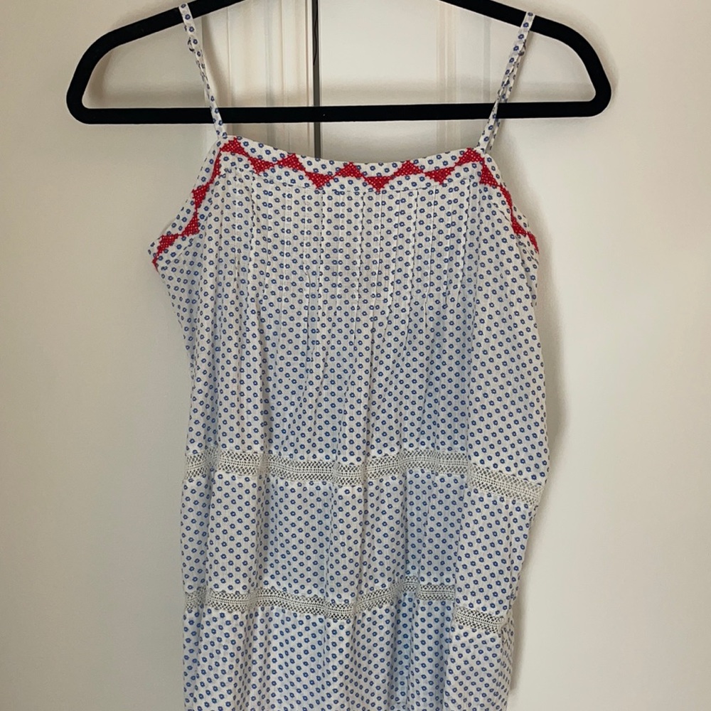 Lucky Brand, size small, blue and white tank with pretty red stitching along top
